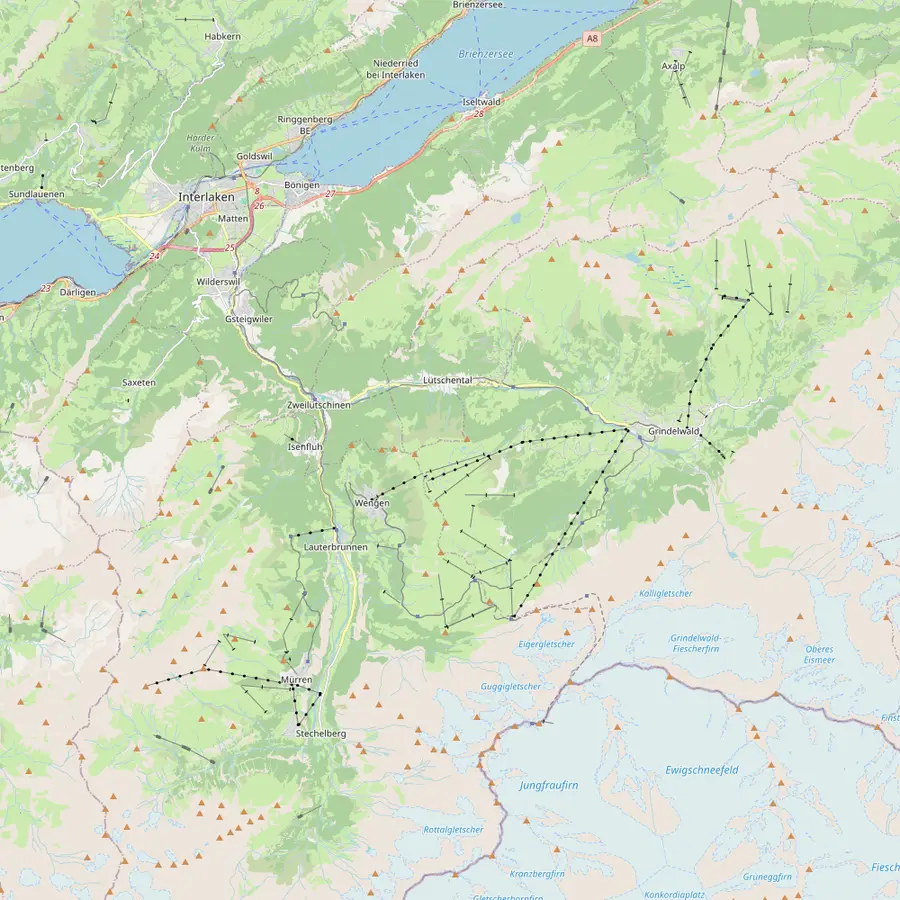 Map of the region from Interlaken Ost to Grindelwald and the Jungfraujoch