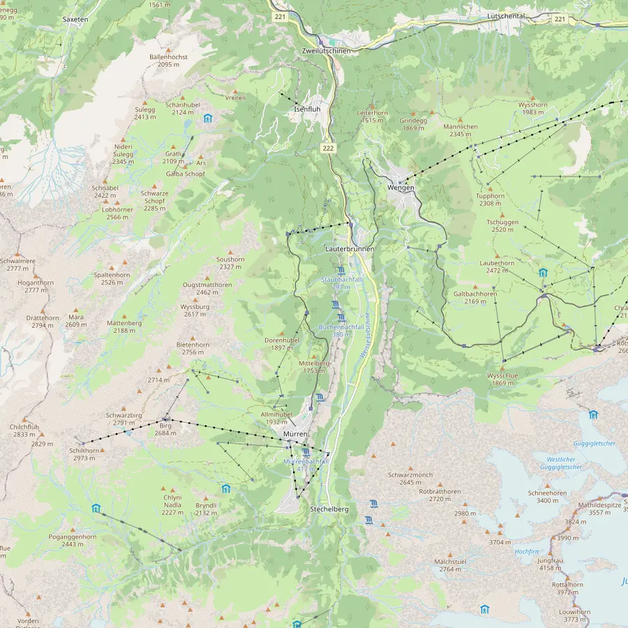 Map of the Lauterbrunnen Valley with Lauterbrunnen, Wengen, Mürren, Gimmelwald, Stechelberg, the falls and the Schilthorn